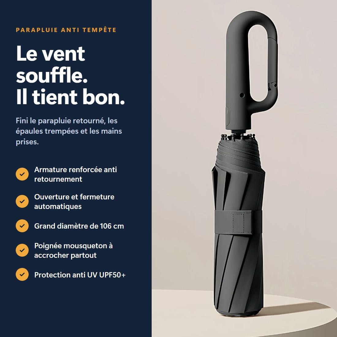 Parapluie anti tempête : le vent souffle, il tient bon