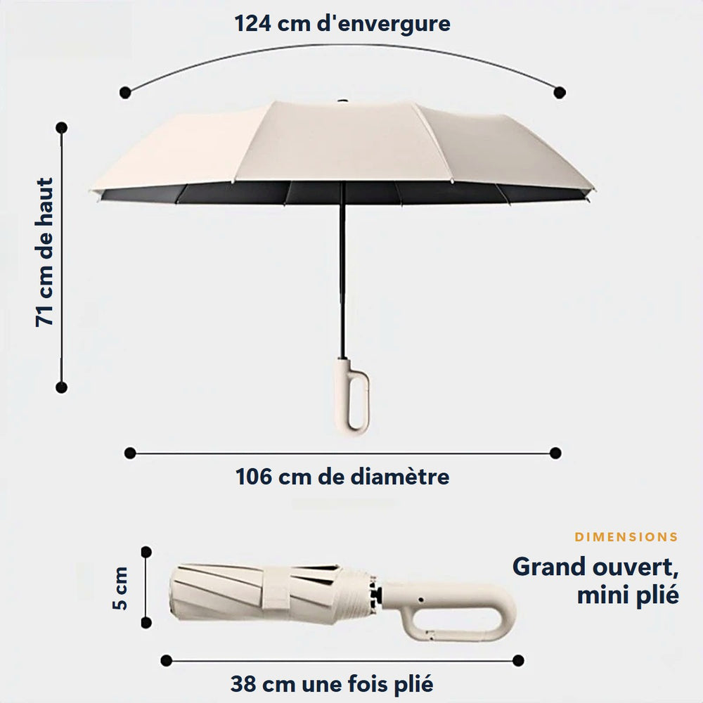 Dimensions du parapluie : 106 cm de diamètre, 38 cm plié